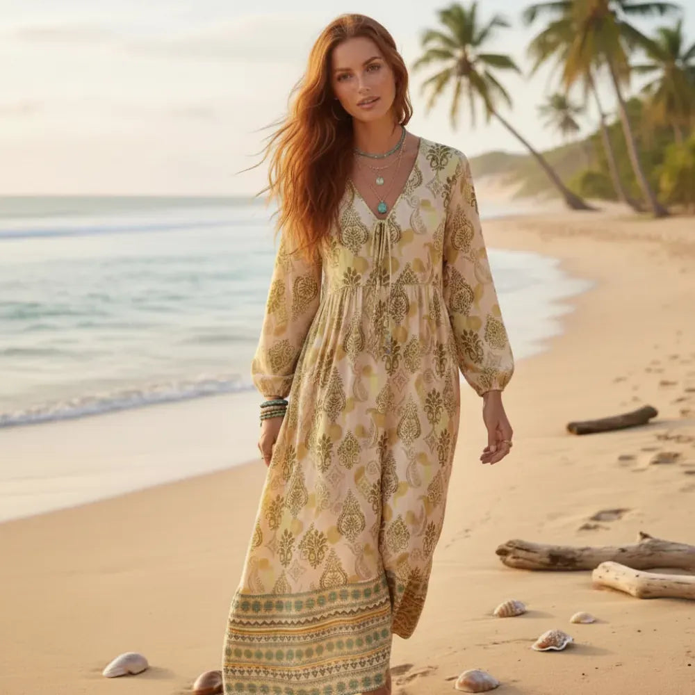 Yellow boho floral maxi dress with long sleeves, V-neck lace-up front, empire waist and flowing skirt