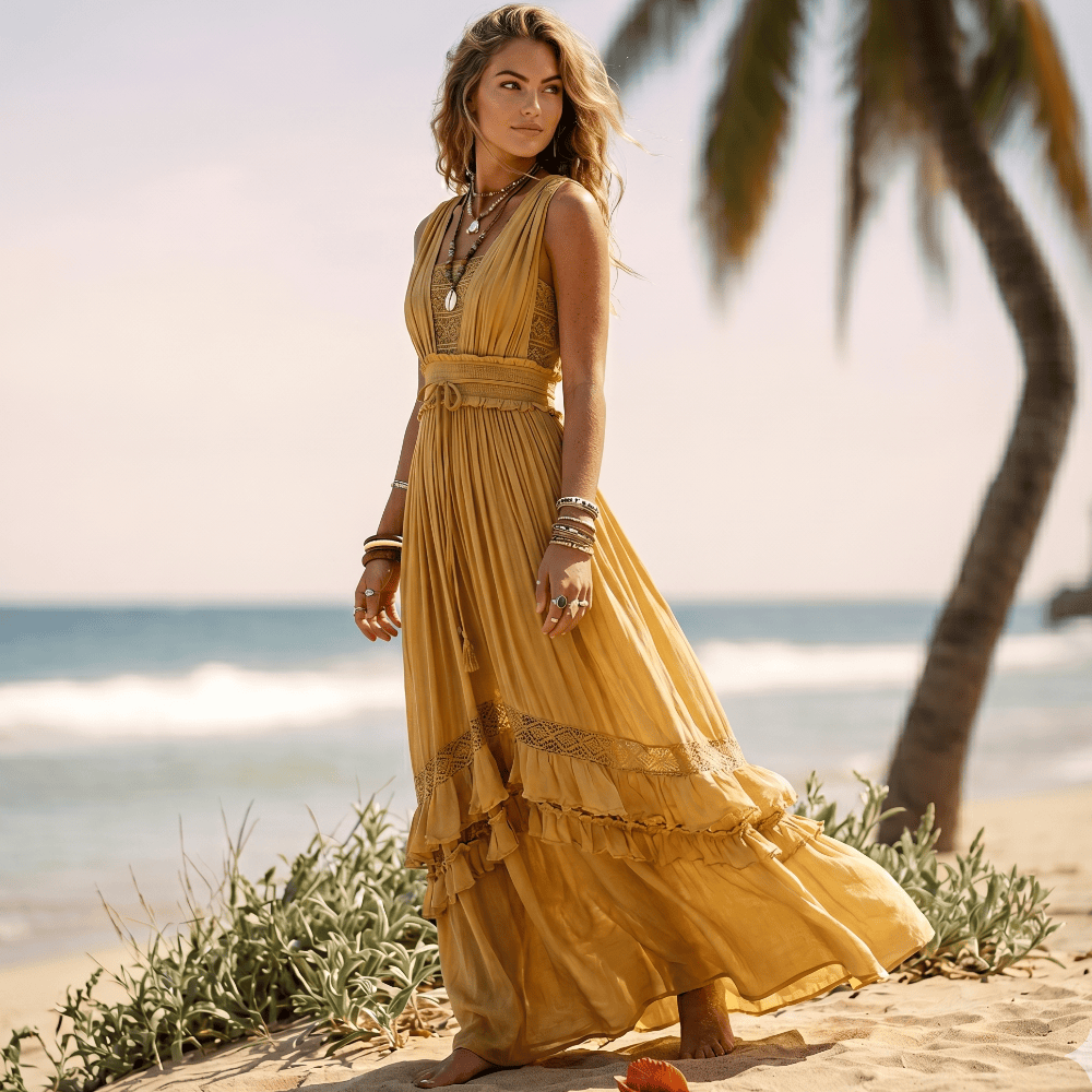 Boho Summer Beach Maxi Dress Beige / M Boho Summer Beach Maxi Dress Beige / M