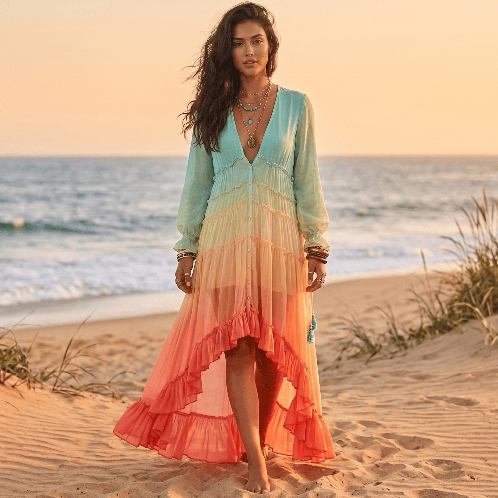 Woman wearing a bohemian rainbow tiered maxi dress with a flowy A-line silhouette, deep V-neck, long sleeves, ombré colors, and a high-low ruffle hem while walking on the beach at sunset.