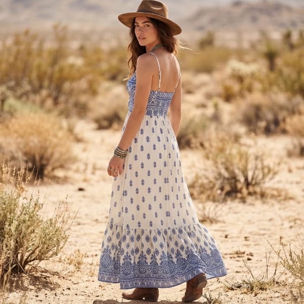 Back view of a blue and white paisley maxi dress featuring thin spaghetti straps, a low back, and a flowing skirt with decorative border print.