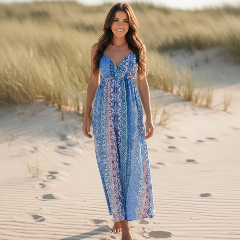 Blue boho backless maxi dress with multitone print, deep V-neck, spaghetti straps and flowy A-line skirt