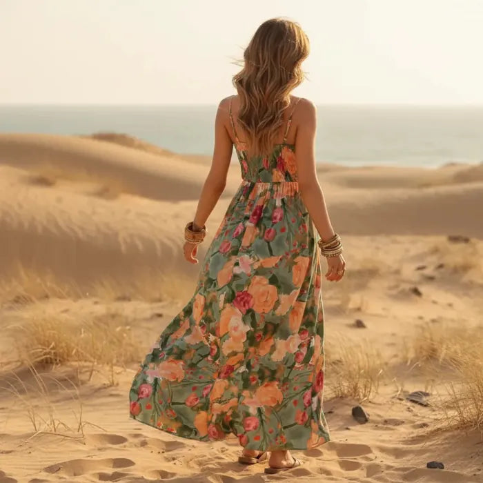 Maxi Dress Floral Ruffle Backless in Black