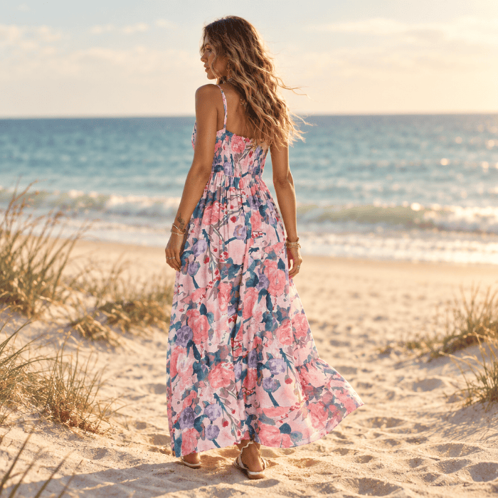 Back of pink boho floral maxi dress with spaghetti straps, V-neck, empire waist and long flowy A-line skirt