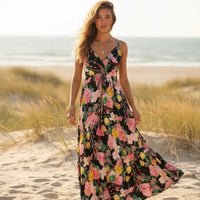 Boho Beach Hut Boho Maxi Dress, Summer Dress, Maxi Dress, Sundress, Long Dress Boho Floral Maxi Dress Black / S