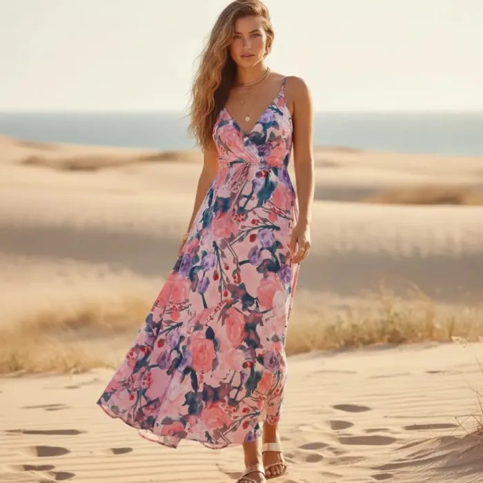 Pink boho floral maxi dress with spaghetti straps, V-neck, empire waist and long flowy A-line skirt