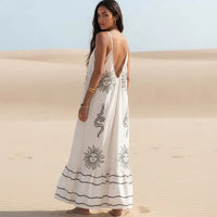 Back of a white boho floral backless maxi sundress with black print, spaghetti straps, V-neck and flowy A-line skirt