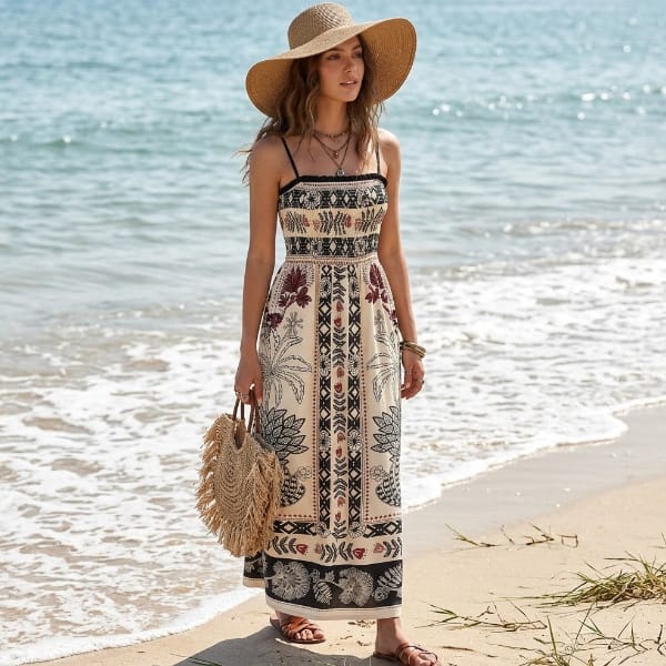 Woman wearing a cream and black boho smocked maxi dress featuring spaghetti straps, a fitted bodice, and an intricate floral and geometric print.