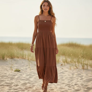 Boho Beach Hut Boho Maxi Dress, Summer Dress, Maxi Dress, Sundress, Long Dress Sleeveless Spaghetti Strap Casual Long Dress Brown / S