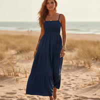 Boho Beach Hut Boho Maxi Dress, Summer Dress, Maxi Dress, Sundress, Long Dress Sleeveless Spaghetti Strap Casual Long Dress Navy Blue / S