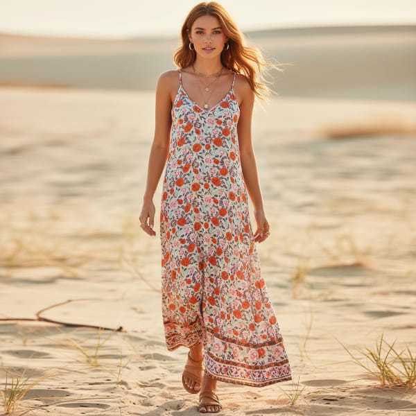 Pink boho floral maxi sundress with V-neck, spaghetti straps, loose A-line fit and vintage floral border print
