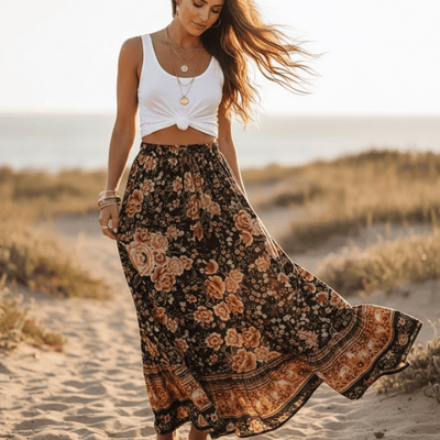 Boho Beach Hut Boho Skirt, Maxi Skirt Bohemian Floral Maxi Skirt Brown / S