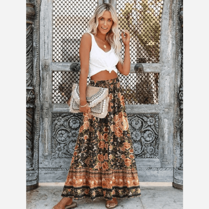 Boho Beach Hut Boho Skirt, Maxi Skirt Bohemian Floral Maxi Skirt Brown / S