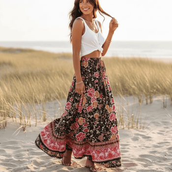 Boho Beach Hut Boho Skirt, Maxi Skirt Bohemian Floral Maxi Skirt Pink / S