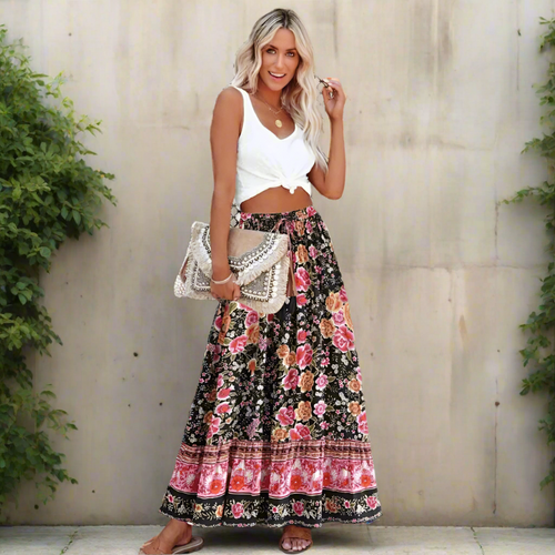 Boho Beach Hut Boho Skirt, Maxi Skirt Bohemian Floral Maxi Skirt Pink / S