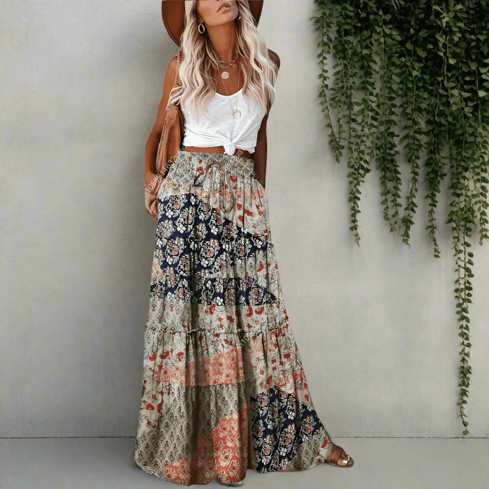 Boho Beach Hut Boho Skirt, Maxi Skirt Bohemian Floral Patchwork Maxi Skirt Indigo / S