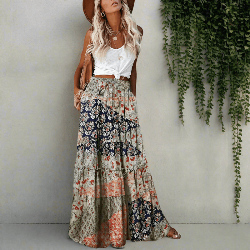 Boho Beach Hut Boho Skirt, Maxi Skirt Bohemian Floral Patchwork Maxi Skirt Indigo / S