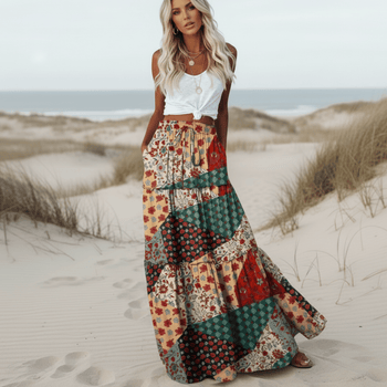 Boho Beach Hut Boho Skirt, Maxi Skirt Bohemian Floral Patchwork Maxi Skirt Red / S
