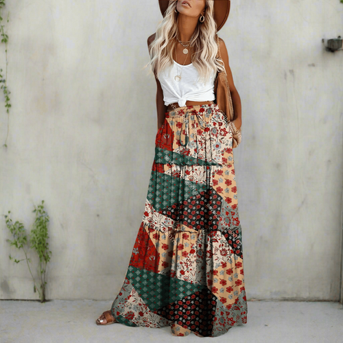 Boho Beach Hut Boho Skirt, Maxi Skirt Bohemian Floral Patchwork Maxi Skirt Red / S