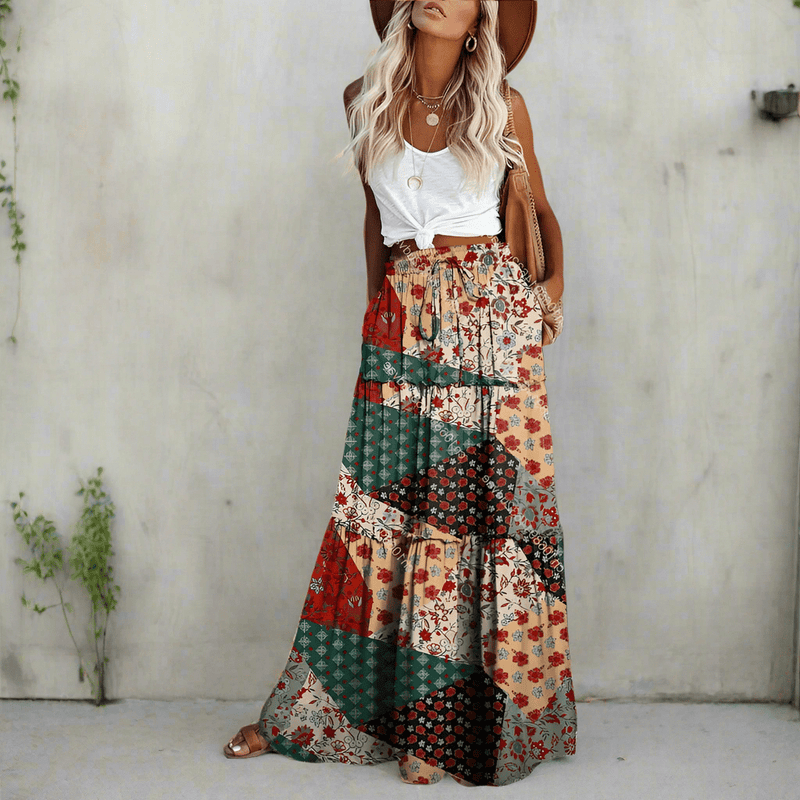 Boho Beach Hut Boho Skirt, Maxi Skirt Bohemian Floral Patchwork Maxi Skirt Red / S