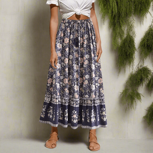 Boho Beach Hut Boho Skirt, Maxi Skirt Boho Blue Floral Maxi Skirt Blue / S