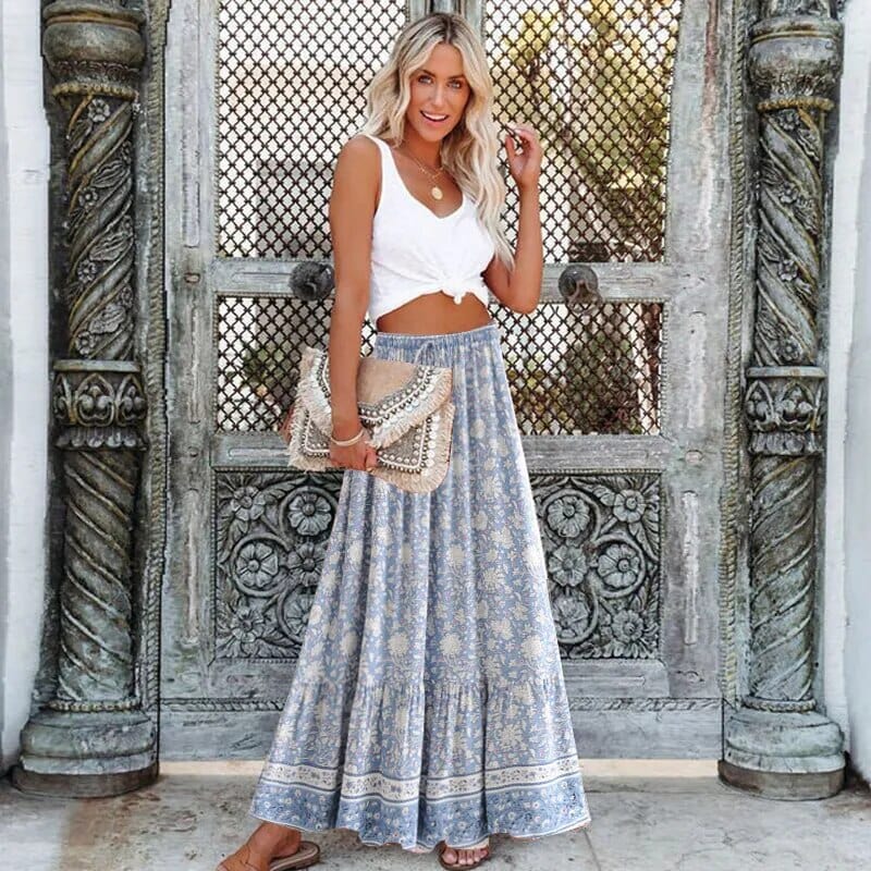 Light Blue Floral Print Maxi Skirt – Boho Beach Hut