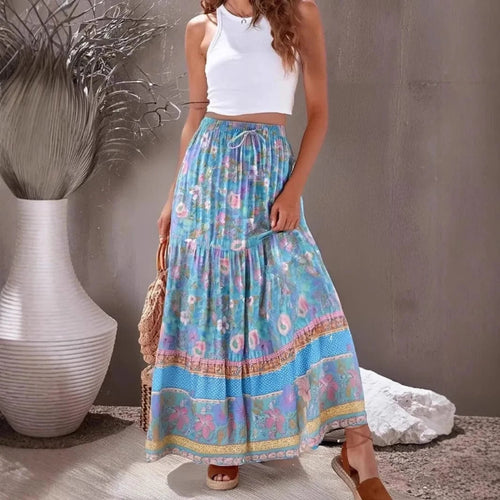 Boho Beach Hut Boho Skirt, Maxi Skirt Boho Floral Ruffle Maxi Skirt Blue / S