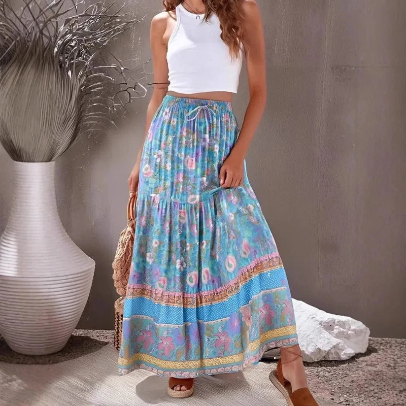 Boho Beach Hut Boho Skirt, Maxi Skirt Boho Floral Ruffle Maxi Skirt Blue / S
