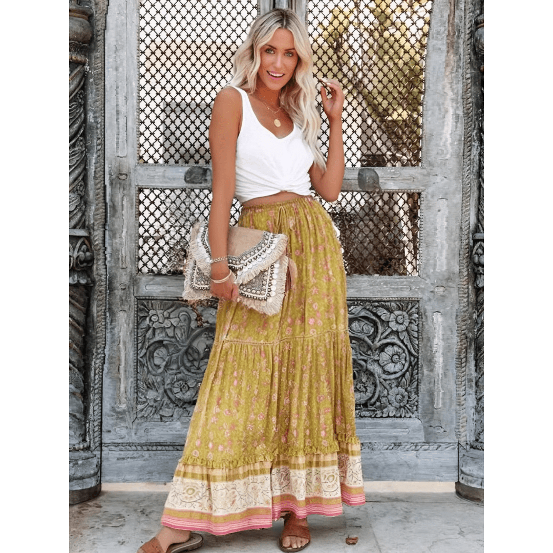 Boho Beach Hut Boho Skirt, Maxi Skirt Boho Inspired Floral Maxi Skirt Mustard / S