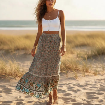 Boho Beach Hut Boho Skirt, Maxi Skirt, Floral Print Skirt Bohemian Floral Print High Waist Maxi Skirt Beige / S