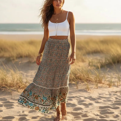 Boho Beach Hut Boho Skirt, Maxi Skirt, Floral Print Skirt Bohemian Floral Print High Waist Maxi Skirt Beige / S