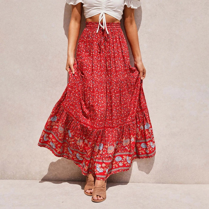 Boho Beach Hut Boho Skirt, Maxi Skirt, Floral Print Skirt Bohemian Floral Print High Waist Maxi Skirt Red / S