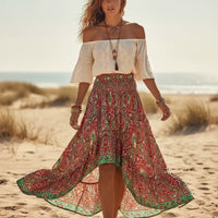 Boho Beach Hut Boho Skirt, Maxi Skirt, Floral Print Skirt Boho Floral High Low Maxi Skirt Red / S