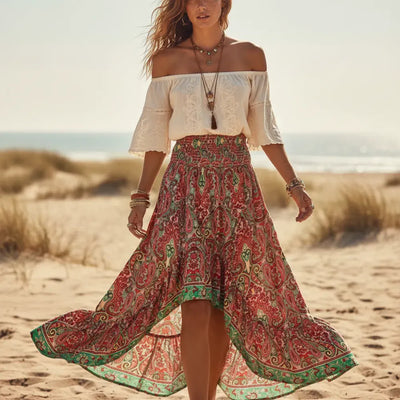 Boho Beach Hut Boho Skirt, Maxi Skirt, Floral Print Skirt Boho Floral High Low Maxi Skirt Red / S
