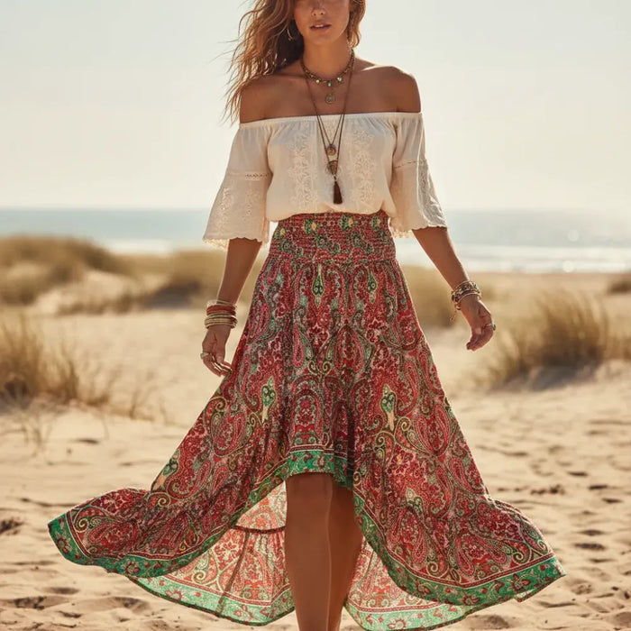 Boho Beach Hut Boho Skirt, Maxi Skirt, Floral Print Skirt Boho Floral High Low Maxi Skirt Red / S