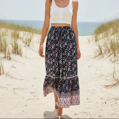 Boho Beach Hut Boho Skirt, Maxi Skirt, Flowy Maxi Skirt Boho High Waist Floral Print Maxi Skirt Dark Blue / S