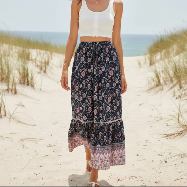 Boho Beach Hut Boho Skirt, Maxi Skirt, Flowy Maxi Skirt Boho High Waist Floral Print Maxi Skirt Dark Blue / S