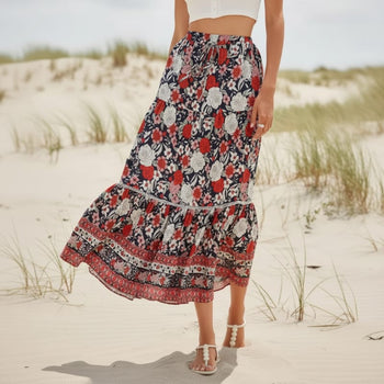 Boho Beach Hut Boho Skirt, Maxi Skirt, Flowy Maxi Skirt Boho High Waist Floral Print Maxi Skirt Red / S