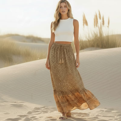 Boho Beach Hut Boho Skirt, Maxi Skirt Leopard Print Ruffle Hem Boho Maxi Skirt Leopard Print / S