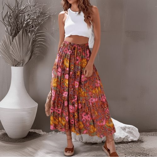 Boho Beach Hut Boho Skirt, Maxi Skirt, Red Floral Maxi Skirt Vintage Red Floral Boho Maxi Skirt Red / S