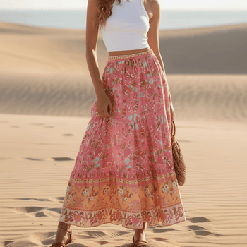 Boho Beach Hut Boho Skirt, Maxi Skirt Vintage Pink Floral Boho Maxi Skirt Pink / S