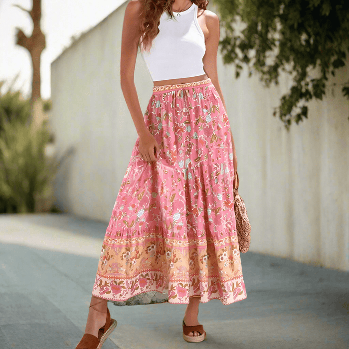 Boho Beach Hut Boho Skirt, Maxi Skirt Vintage Pink Floral Boho Maxi Skirt Pink / S