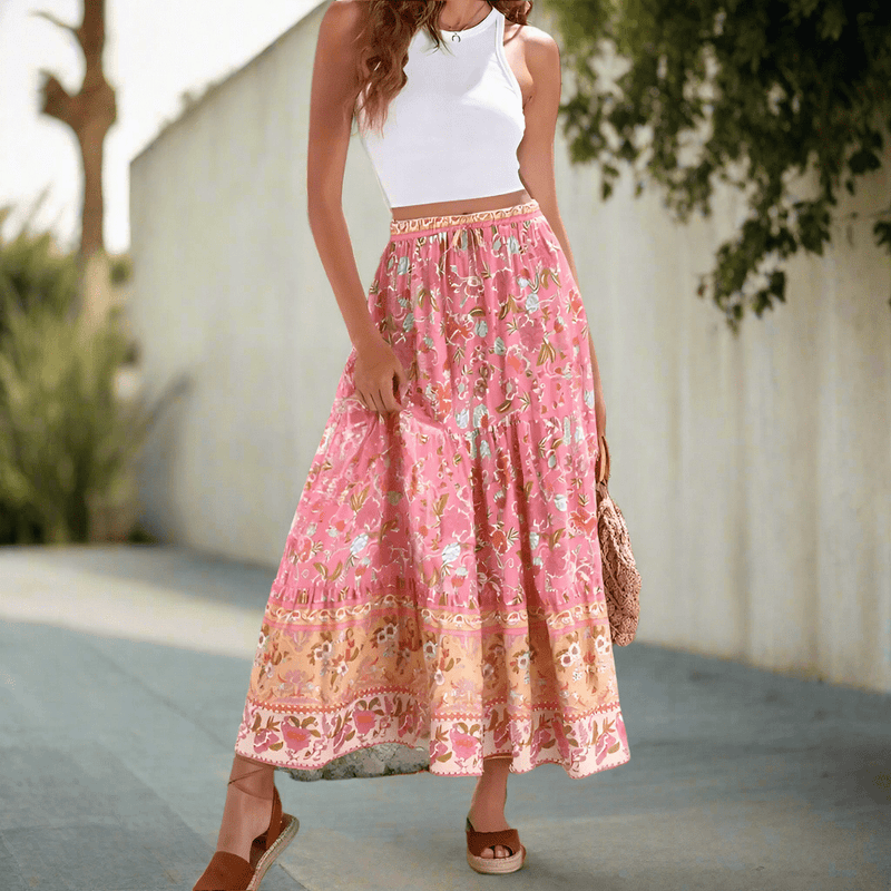 Boho Beach Hut Boho Skirt, Maxi Skirt Vintage Pink Floral Boho Maxi Skirt Pink / S