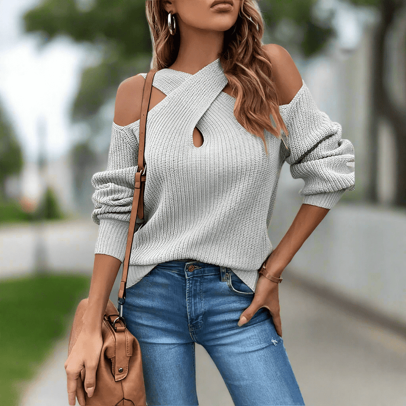 Boho Beach Hut Boho Sweater, Off Shoulder Sweater, Pink Sweater Chic Open Shoulder Knit Sweater Gray / S