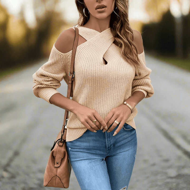 Boho Beach Hut Boho Sweater, Off Shoulder Sweater, Pink Sweater Chic Open Shoulder Knit Sweater Khaki / S
