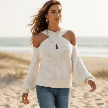 Boho Beach Hut Boho Sweater, Off Shoulder Sweater, Pink Sweater Chic Open Shoulder Knit Sweater Off White / S