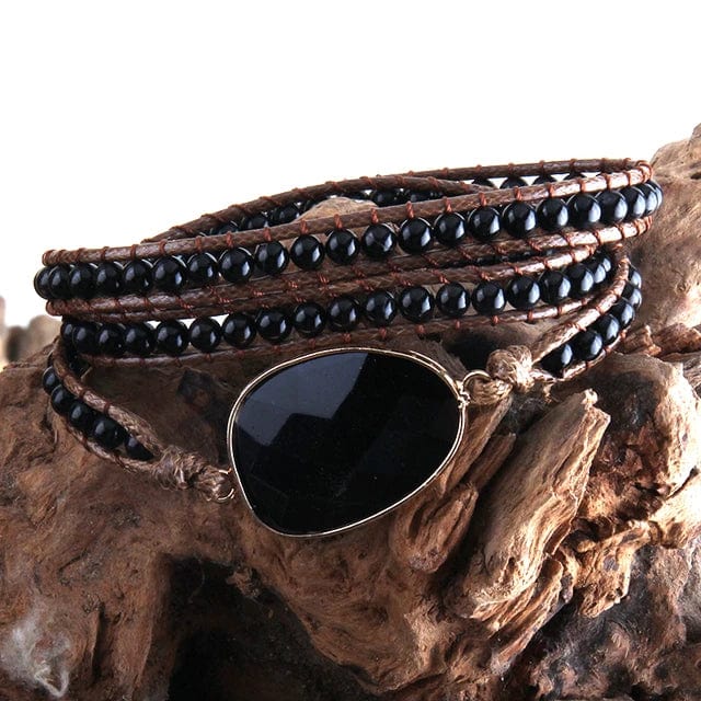 Boho Beach Hut Bracelets Boho Beaded Stone Wrap Bracelet Black / One Size