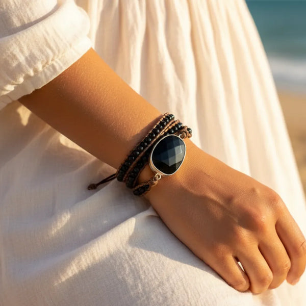 Boho Beach Hut Bracelets Boho Beaded Stone Wrap Bracelet Black / One Size