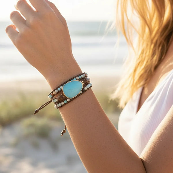 Boho Beach Hut Bracelets Boho Beaded Stone Wrap Bracelet Blue / One Size