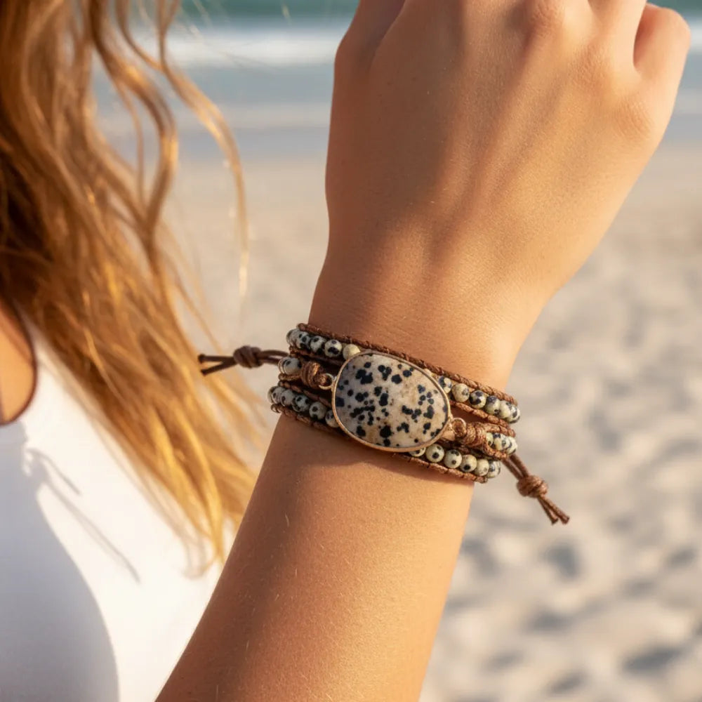 Boho Beach Hut Bracelets Boho Beaded Stone Wrap Bracelet Dalmatian Brown / One Size