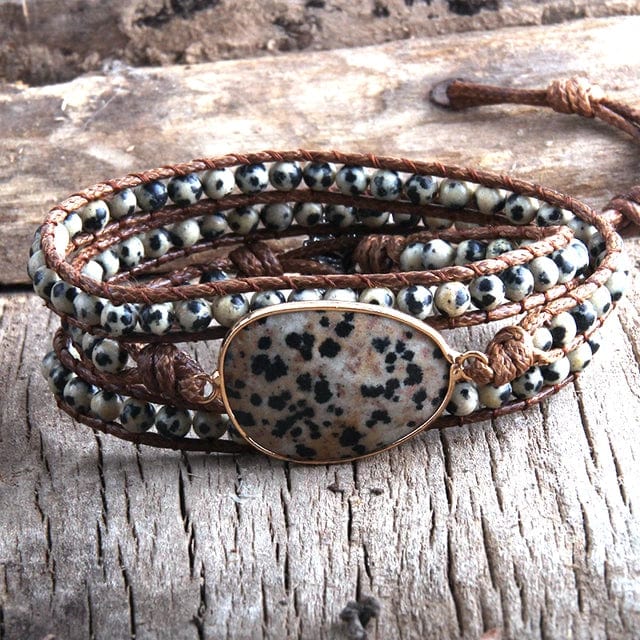 Boho Beach Hut Bracelets Boho Beaded Stone Wrap Bracelet Dalmatian Brown / One Size